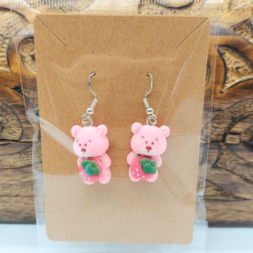 3D Pink Bear Earrings with Strawberry Cottage